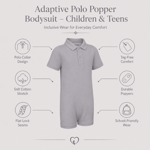 Light Grey Polo Bodysuit | Special Kids Sensory Clothing Inclusive Wear Cotton Stretch Zipper Closure Unisex All Seasons Skin - Product Image 5