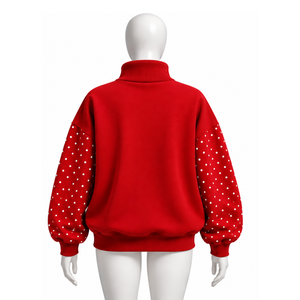 <b>Red</b> Oversized <b>Women</b> Mock Neck <b>Sweatshirt</b> Pearl Studded Sleeve Pullover Loose Fit Casual Streetwear Long Sleeve Winter Fashion - Product Image 2