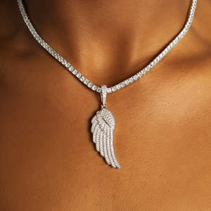 Iced Out <b>Angel</b> Wing Pendant Necklace | White Gold Plated Wing Pendant with Tennis Chain | Hip Hop Luxury Unisex Jewelry - Product Image 3