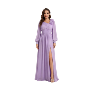 Elegant One-Shoulder Chiffon A-Line Evening Gown With Lantern Sleeves And Front Slit Floor-Length Women's <b>Dress</b> In Lavender - Product Image 2