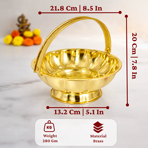 Bol de Pooja en laiton avec poignée, fait main, traditionnel, pour offrandes de Prasadam et de fleurs, support Urli pour la décoration de la maison, du temple et des festivals - Product Image 2
