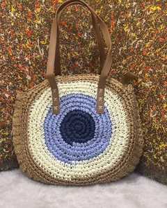 Round Woven <b>Straw</b> <b>Crossbody</b> Tote <b>Bag</b> Hand-painted Design Zipper Closure Chains-Vintage Style Solid Color for Women Daily Use - Product Image 2