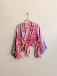 Blusa de seda con efecto tie-dye para mujer, sin mangas, holgada, estilo bohemio, para primavera/verano, sin cuello, sin tirantes - Product Image 4