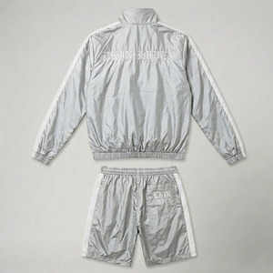 Custom OEM Silver Metallic Tracksuit Set Men Satin Shiny Windbreaker <b>Jacket</b> with Shorts <b>Gothic</b> Embroidery Logo Streetwear - Product Image 2