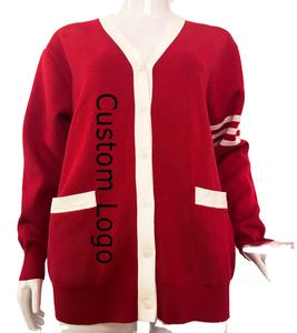 Cardigan en tricot marron pour homme, col en V, manches longues, fermeture boutonnée, couleur unie, avec détails rayés, pour femme et homme - Product Image 5