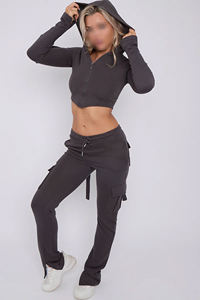 Ensemble décontracté d'automne à manches longues, coupe régulière, avec poches à cordon et fermeture éclair, haut court, survêtements pour femmes - Product Image 2