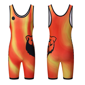 ชุดซิงเกิลเล็ตสำหรับนักมวยปล้ำชาย แบบเข้ารูป พิมพ์ลายแบบ Sublimation ผ้าสแปนเด็กซ์ โพลีเอสเตอร์ ยืดได้ สำหรับผู้ใหญ่ ชุดศิลปะการต่อสู้ ลายเปลวไฟสีส้ม - Product Image 1