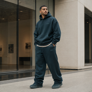 Ensemble deux pièces à épaules tombantes avec logo imprimé personnalisé, en tissu polaire brossé, col côtelé, poche kangourou, OEM, mode streetwear - Product Image 2