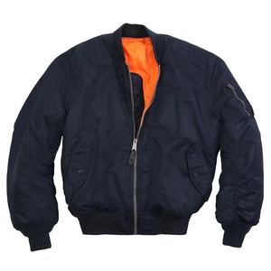 Men's Navy Blue Bomber <b>Jacket</b> Solid Color Zipper Closure Windproof Casual Outerwear Polyester Shell Orange Lining - Product Image 1