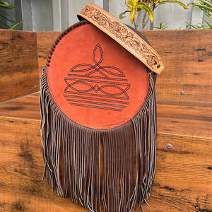 Sac à franges en cuir suédé à point de botte fabriqué à la main pour femmes sacs à main circulaires en cuir véritable et sacs à main à la mode - Product Image 2