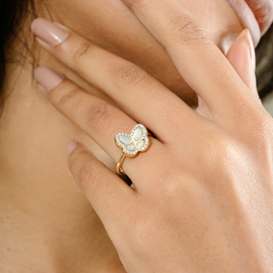 14K Art Deco Mother of Pearl Butterfly Diamond Fine Ring - Product Image 1