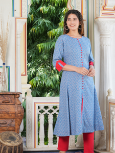 Womens Blue Rayon Geometric Printed A Line Kurta With Round Neck <b>Three</b> Fourth Sleeves Designed For Global Ethnic Casual Wear - Product Image 4