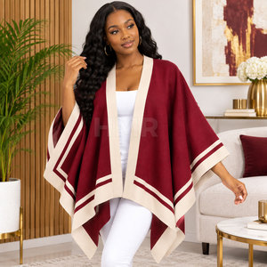 HMR Sorority Sisterhood Maroon Poncho With Cream Trim Batwing Sleeve Casual Knitted Sweater Long Length Sweater - Product Image 3