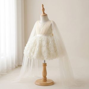 Vestido de niña de las flores de satén sólido color marfil hecho a medida estilo cuento de hadas, falda con rosetas 3D hechas a mano, mangas de tul fluidas con capa, boutique de princesa - Product Image 1