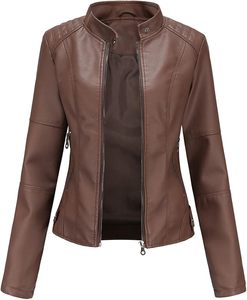 Chaqueta de Motociclista de Cuero PU Marrón para Mujer, Manga Larga, Cuello Alto, Cierre de Cremallera, Estilo Otoñal, Resistente al Viento - Product Image 3