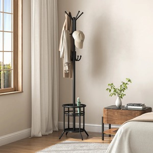 Perchero minimalista de metal negro con doble nivel de almacenamiento para organizar la ropa en la entrada. - Product Image 1