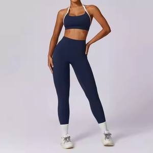 Ensemble de yoga trois pièces color block pour femme : soutien-gorge dos nu, haut à manches longues et leggings taille haute avec effet froncé – Tenue de sport et de gym - Product Image 6