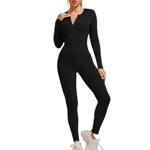 New Hot Sale Solid Color Ribbed Full Sleeves Zipper Skinny High Waist Breathable Quick Dry Women's <b>Bodysuit</b> - Product Image 6
