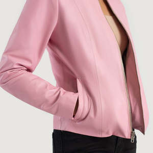 <b>Pink</b> <b>Biker</b> Motorcycle <b>Jacket</b> Collarless Leather Zipper Closure Spread Collar Solid Autumn Windproof Knitted Polyester - Product Image 3