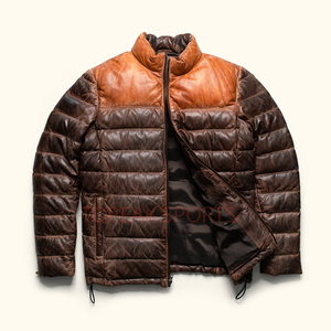 Men's Brown Leather Bomber Jacket Quilted Stand Collar Full Zip Casual Winter Fashion Biker Jacket Custom OEM Wholesale <b>Coat</b> New - Product Image 3