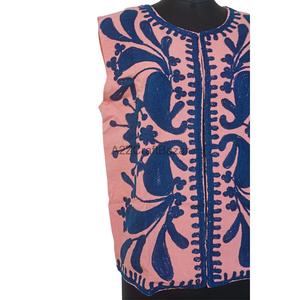 Woman Handmade Breathable Cotrise Suzani Embroidered Jacket Floral Printing Outerwear O-Neck Short Length <b>Covered</b> <b>Button</b> Closure - Product Image 4
