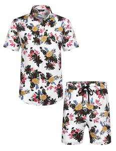 mens white tropical floral yellow flower print <b>short</b> <b>sleeve</b> lapel <b>button</b> <b>up</b> <b>shirt</b> matching <b>shorts</b> 2 piece set casual hawaiian - Product Image 2