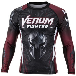 เสื้อรัดกล้ามเนื้อแขนยาว Venum Fighter สำหรับผู้ชาย ลายพิมพ์แบบ Sublimation สีดำ-แดงเลือดหมู แห้งเร็ว เหมาะสำหรับการฝึกซ้อม - Product Image 2