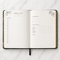 Agenda quotidien LABON personnalisé 2027, couverture rigide en tissu floral botanique Midnight, bords dorés, journal de productivité, papeterie