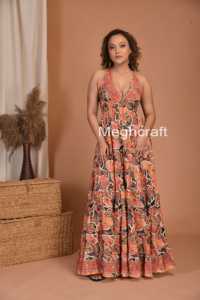 Printed Silk Maxi <b>Dress</b> for Women Boho Halter Neck Smocked Party <b>Dress</b> Eco friendly Wrinkle Free & Comfortable Maxi <b>Dress</b> - Product Image 2