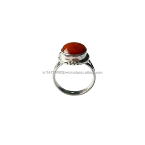 Anillo de Plata de Ley 925 con Coral y Diamantes, Hecho a Mano, Clásico, para Fiesta o Boda, Engaste de Bisel, para Mujer - Product Image 3