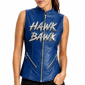 Chaleco de cuero para mujer, estilo sin mangas, con cremallera frontal, cuello alto, estilo motociclista, con bolsillos laterales, diseño para letras pintadas - Product Image 1