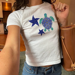 Custom Printed Summer Beach Shell, Flower, Juice Print T-shirt, Women Aesthetic Graphic <b>Crop</b> <b>Top</b>, Custom Clothing Factory - Product Image 2