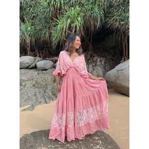 Vestido Maxi Moderno de Punto Boho para Maternidad, Playa, Boda, con Cuello en V, Largo hasta el Suelo, con Ribete de Encaje de Algodón, Ideal para Sesiones de Fotos - Product Image 3