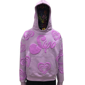 Sweat à capuche pour homme, poids lourd, 500 GSM |   Impression en relief motif cœur |   Sweat à capuche rose imprimé sur toute la surface |   OEM personnalisé - Product Image 3