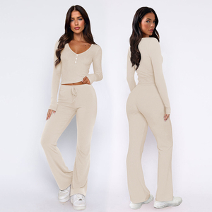 Ensemble de survêtement pour femmes, couleur unie, manches longues, col en V, pantalon à cordon de serrage, décontracté, respirant, en coton et élasthanne, pour le printemps - Product Image 1