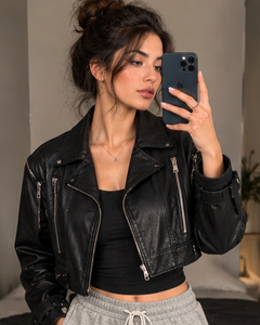 Black Genuine Leather Moto <b>Jacket</b> Slim Fit <b>Short</b> Length Zipper Closure Turn-down Collar Regular <b>Sleeve</b> Solid Color Unisex - Product Image 3