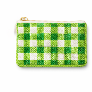 Green White Gingham Beaded Pouch Checkered Pattern Handmade Seed <b>Bead</b> Embroidery Boutique Accessory Artistry By PR - Product Image 1