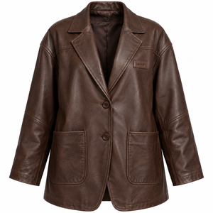 Oversized Brown Real Leather Blazer <b>Coat</b> Womens Loose Fit Drop Shoulder Lapel Two <b>Button</b> Patch Pocket Custom Supplier Offer - Product Image 1
