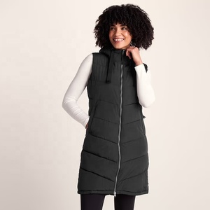 Gilet matelassé sans manches à capuche noir pour femme, long, zippé, d'hiver, en polyester, coupe-vent, décontracté - Product Image 2