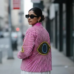 Veste en coton rose brodée œil porte-bonheur style bohème pour femme, manteau décontracté de style ethnique artistique vintage - Product Image 2