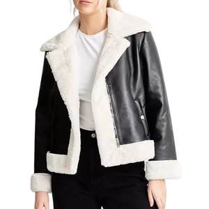 Chaqueta de Mujer Estilo Racer de Piel Sintética, Color Sólido, Cierre de Cremallera, Forro de Sherpa, Cuello Camisero, Ropa de Abrigo para Otoño e Invierno, Corte Regular - Product Image 1