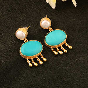 Handcrafted turquoise pearl chandelier <b>earring</b> 18k gold plated brass metal bezel set dangle pushback artisan fashion ear jewelry - Product Image 6