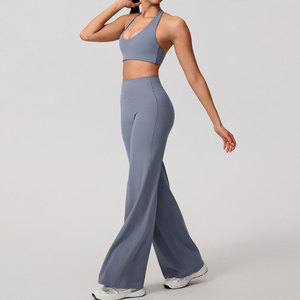 Ensemble de vêtements de sport pour femmes, haut court dos nu bleu marine, leggings sans couture taille haute, spandex polyester, tenue de yoga 2 pièces - Product Image 5