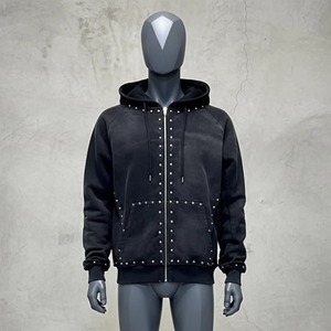Men's <b>Black</b> Hooded Sweatshirt Regular Fit Studded Zipper Front Pocket Casual Autumn Wear - Product Image 1