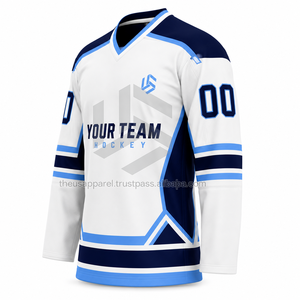 Jersey de Hockey sobre Hielo Personalizado para Hombre, Blanco, Azul Marino, Cuello en V, Manga Larga, Sublimado, 100% Poliéster, Absorbe la Humedad, Corte Regular - Product Image 3