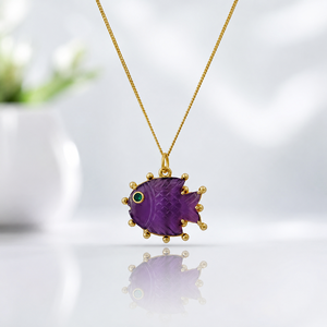 Amethyst Fish Pendant <b>Necklace</b> Handmade Carved Gemstone Jewelry Gold Plated <b>Statement</b> <b>Necklace</b> With Green Stone Eye Accent - Product Image 1