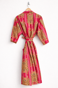 Bata Kimono Rosa con Estampado Floral de Algodón, Cuello en V, Cierre con Cordón, Transpirable, para Mujer, Estilo Boho, para Playa, Spa, Resort, Venta al por Mayor - Product Image 4