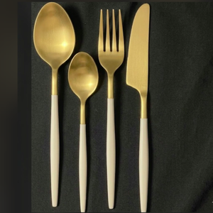 Ensemble de couverts modernes en acier inoxydable poli miroir, résistant à la rouille, vaisselle de mariage, revêtement PVD doré, manche jaune - Product Image 1