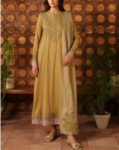 <b>Women</b> Mustard Yellow Embroidered Rayon Ankle-Length <b>Kurta</b> Set Long Sleeve Traditional Kurti with Dupatta - Product Image 1