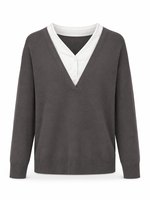 Pull en tricot pour femme, style coréen, effet deux pièces, couleur unie, col en V, collection automne/hiver, style preppy, polyvalent, minimaliste, pour le travail